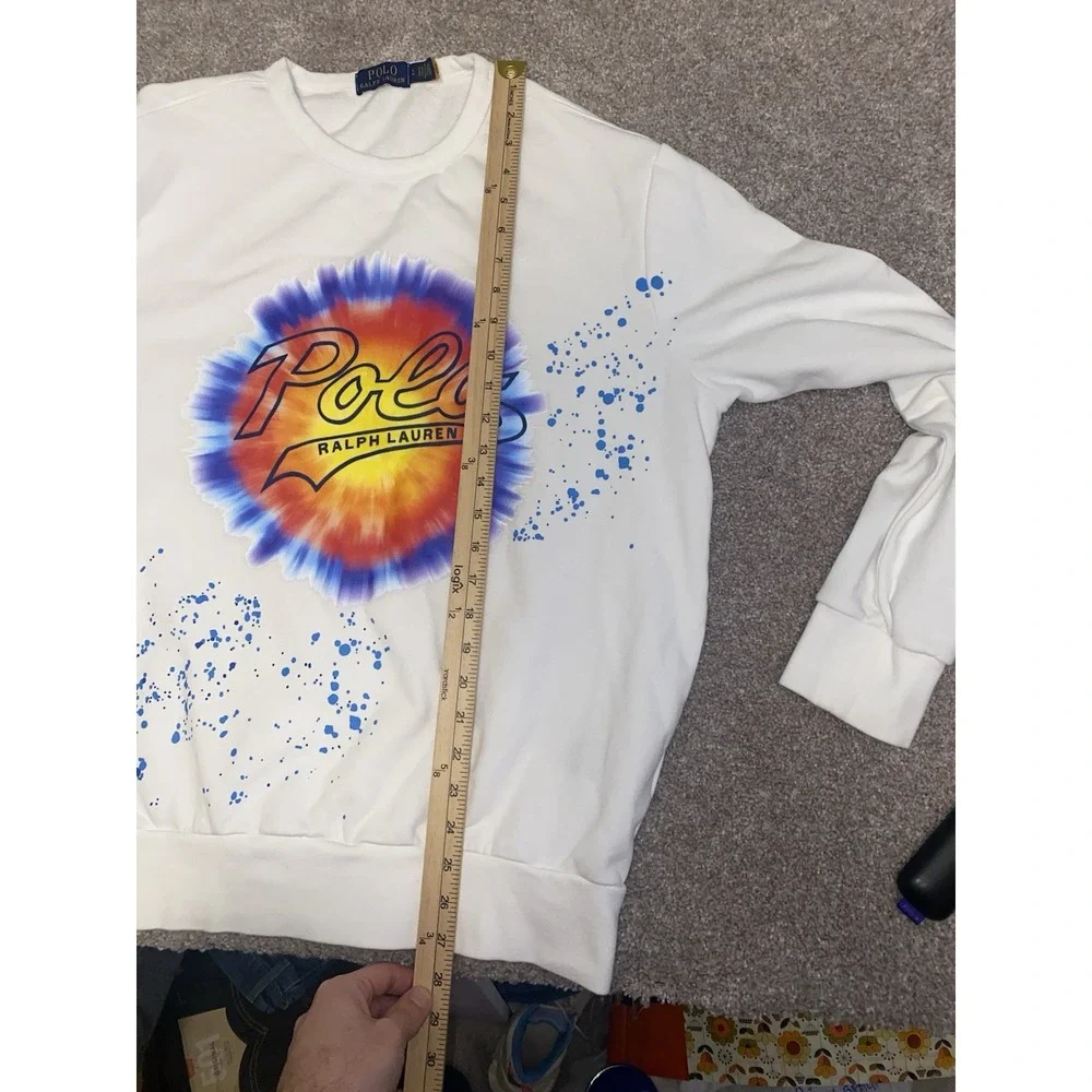 Polo Ralph Lauren Splatter Pattern Tie Dye Mens XL White Pullover Sweater Fleece